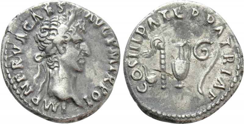 NERVA (96-98). Denarius. Rome. 

Obv: IMP NERVA CAES AVG P M TR POT. 
Laureat...
