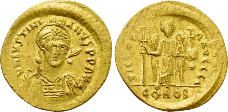 JUSTINIAN I (527-565). GOLD Solidus. Constantinople. 

Obv: D N IVSTINIANVS P ...