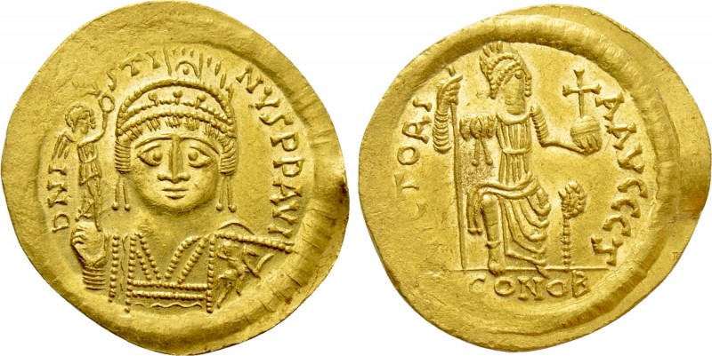 JUSTIN II (565-578). GOLD Solidus. Thessalonica.

Obv: D N IVSTINVS P P AVG.
...
