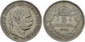 HUNGARY. Franz Joseph I (1848-1916). 5 Corona (1908). Kremnitz.