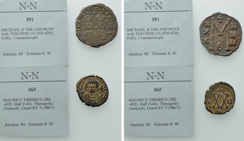 2 Byzantine Coins; Mauricius Tiberius and Michael II the Amorian. 

Obv: .
Re...