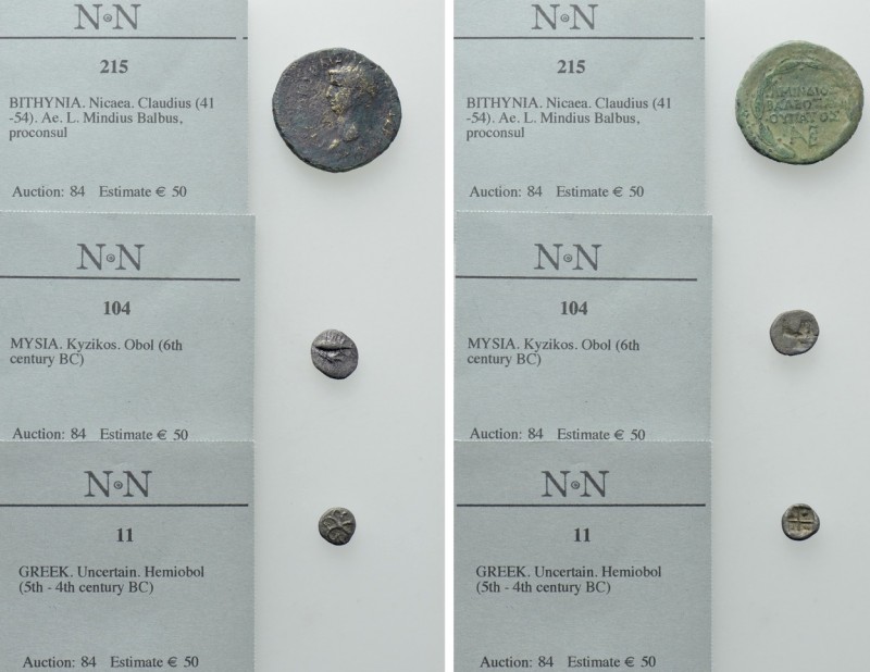 3 Coins; Kyzikos, Claudius etc. 

Obv: .
Rev: .

. 

Condition: See pictu...