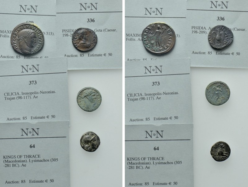 4 Greek and Roman Coins; Lysimachos, Geta etc. 

Obv: .
Rev: .

. 

Condi...