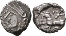 CELTIC, Central Gaul. Lingones. Circa 1st century BC. Quinarius (Silver, 12 mm, 1.90 g, 10 h), 'Kaletedou' type. Celticized head of Roma to left. Rev....