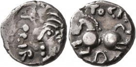 CELTIC, Central Gaul. Sequani. Mid 1st century BC. Quinarius (Silver, 12 mm, 2.00 g, 4 h), Togirix. TOGIR[IX] Celticized head of Roma to left. Rev. TO...