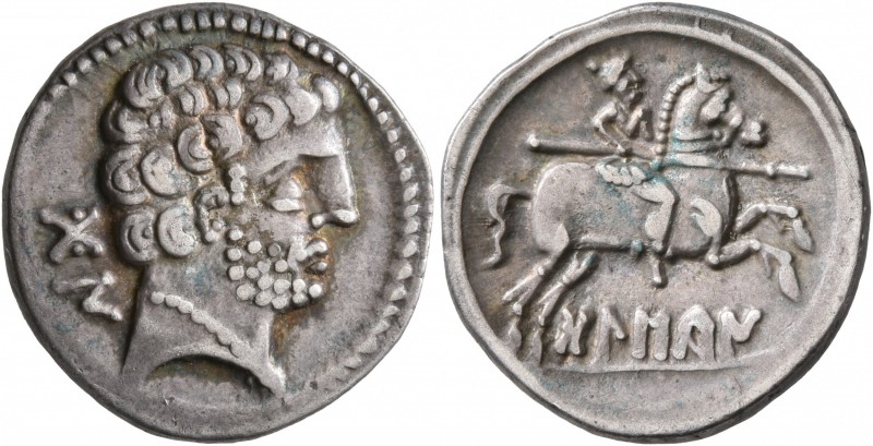 SPAIN. Bolskan. 80-72 BC. Denarius (Silver, 19 mm, 4.20 g, 12 h). Bearded bare m...