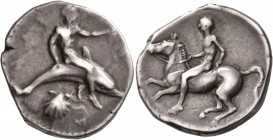 CALABRIA. Tarentum. Circa 430-425 BC. Didrachm or Nomos (Silver, 23 mm, 7.72 g, 5 h). [TAPAΣ] Youthful oikist, nude, riding dolphin to right, his left...