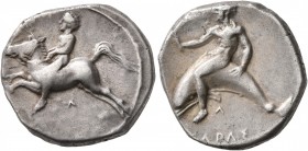 CALABRIA. Tarentum. Circa 405-400 BC. Didrachm or Nomos (Silver, 21 mm, 7.62 g, 4 h). Nude youth on horse galloping to left, holding bridles with both...