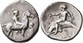 CALABRIA. Tarentum. Circa 365-355 BC. Didrachm or Nomos (Silver, 21 mm, 7.58 g, 9 h). Nude youth riding horse standing right, holding bridle with his ...