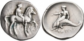 CALABRIA. Tarentum. Circa 365-355 BC. Didrachm or Nomos (Silver, 24 mm, 7.86 g, 5 h). Nude youth on horse prancing right, holding bridles in his left ...