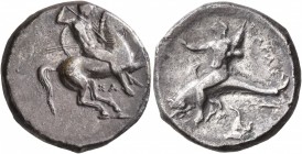 CALABRIA. Tarentum. Circa 332-302 BC. Didrachm or Nomos (Silver, 21 mm, 7.35 g, 10 h), Sa..., magistrate. Nude rider on horse galloping to right, stab...