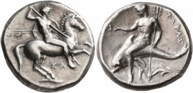 CALABRIA. Tarentum. Circa 315-302 BC. Didrachm or Nomos (Silver, 21 mm, 7.88 g, 10 h), Sa..., magistrate. Nude rider on horse galloping to right, stab...