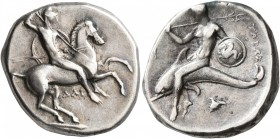 CALABRIA. Tarentum. Circa 302-290 BC. Didrachm or Nomos (Silver, 21 mm, 7.86 g, 6 h), Dai... and Phi..., magistrates. Nude rider on horse galloping to...