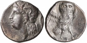 CALABRIA. Tarentum. Circa 280-272 BC. Drachm (Silver, 16 mm, 3.00 g, 1 h). Head of Athena to left, wearing crested Attic helmet decorated with Skylla ...