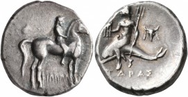 CALABRIA. Tarentum. Circa 272-240 BC. Didrachm or Nomos (Silver, 21 mm, 6.51 g, 12 h), Philenenos, magistrate. Nude youth riding horse standing to rig...