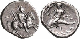 CALABRIA. Tarentum. Circa 272-240 BC. Didrachm or Nomos (Silver, 20 mm, 6.21 g, 10 h), Di... and Apollonios, magistrates. Nude warrior on horse gallop...