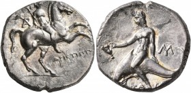 CALABRIA. Tarentum. Circa 240-228 BC. Didrachm or Nomos (Silver, 19 mm, 6.21 g, 6 h), Aristippos, magistrate. Nude youth on horse galloping to right, ...