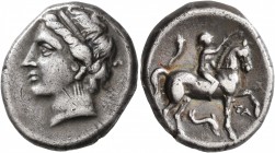 CALABRIA. Tarentum. Campano-Tarentine series, circa 281-228 BC. Didrachm or Nomos (Silver, 21 mm, 7.25 g, 12 h). Diademed head of a nymph to left, wea...