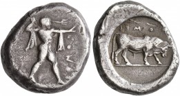 LUCANIA. Poseidonia. Circa 470-445 BC. Didrachm or Nomos (Silver, 19 mm, 7.89 g, 1 2 h). ΠΟΜΕS Poseidon striding to right, brandishing trident with hi...