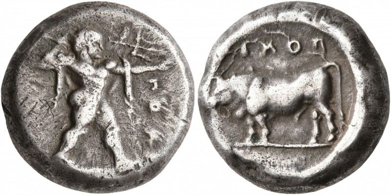 LUCANIA. Poseidonia. Circa 470-445 BC. Stater (Silver, 17 mm, 7.92 g, 7 h). ΠOME...
