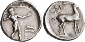 BRUTTIUM. Kaulonia. Circa 420-410 BC. Didrachm or Nomos (Silver, 22 mm, 8.00 g, 7 h). Apollo, nude, advancing to right, holding laurel branch in his u...