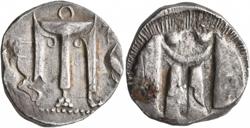 BRUTTIUM. Kroton. Circa 480-430 BC. Stater (Silver, 20 mm, 7.83 g, 10 h). ϘΡΟ Tr...