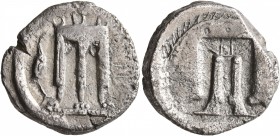 BRUTTIUM. Kroton. Circa 480-430 BC. Didrachm or Nomos (Silver, 20 mm, 7.55 g, 12 h). ϘΡΟ Tripod with three handles and the legs ending in lion's paws;...