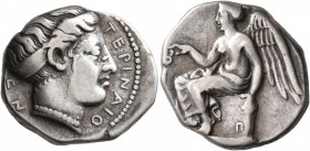 BRUTTIUM. Terina. Circa 420-400 BC. Didrachm or Nomos (Silver, 20 mm, 7.64 g, 5 h). TEPINAIO-N Head of the nymph Terina to right, her hair bound in sp...