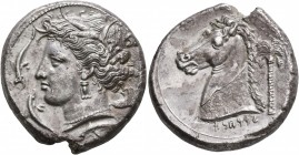 SICILY. Entella (?). Punic issues, circa 320/15-300 BC. Tetradrachm (Silver, 26 mm, 16.71 g, 5 h). Head of Tanit-Persephone to left, wearing wreath of...