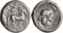 SICILY. Syracuse. Deinomenid Tyranny, 485-466 BC. Tetradrachm (Silver, 24 mm, 17.24 g, 1 h), circa 480-475. Charioteer driving quadriga walking to rig...
