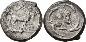 SICILY. Syracuse. Deinomenid Tyranny, 485-466 BC. Tetradrachm (Silver, 24 mm, 17.15 g, 6 h), circa 480-475. Charioteer driving quadriga walking to rig...
