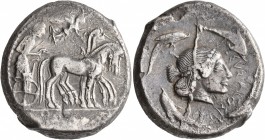 SICILY. Syracuse. Deinomenid Tyranny, 485-466 BC. Tetradrachm (Silver, 25 mm, 16.72 g, 1 h), circa 480-475. Charioteer driving quadriga walking to rig...