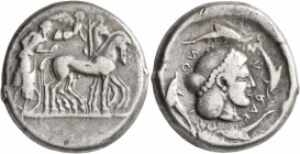 SICILY. Syracuse. Deinomenid Tyranny, 485-466 BC. Tetradrachm (Silver, 26 mm, 17.32 g, 1 h), circa 475-470. Charioteer driving quadriga walking to rig...