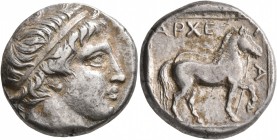 KINGS OF MACEDON. Archelaos Philopatris Ktistes, 413-400/399 BC. Stater (Silver, 22 mm, 10.58 g, 12 h), Aigai. Head of Apollo to right, wearing tainia...