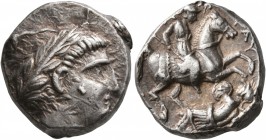 KINGS OF PAEONIA. Patraos, circa 335-315 BC. Tetradrachm (Silver, 20 mm, 12.21 g, 6 h). Laureate head of Apollo to right. Rev. [Π-OA]-P-TΑΥ (sic!) Pae...