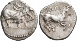 THESSALY. Larissa. Circa 420-400 BC. Drachm (Silver, 20 mm, 5.85 g, 12 h). Thessalos, with petasos and cloak over his shoulders, wrestling down bull r...