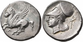 AKARNANIA. Leukas. Circa 320-280 BC. Stater (Silver, 22 mm, 8.61 g, 9 h). Λ Pegasus flying left. Rev. Head of Athena to left, wearing Corinthian helme...
