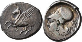 AKARNANIA. Thyrrheion. Circa 320-280 BC. Stater (Silver, 23 mm, 7.94 g, 2 h). Θ Pegasus flying left. Rev. [Θ]-Y Head of Athena to left, wearing Corint...