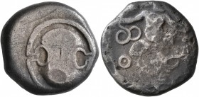BOEOTIA. Thebes. Circa 405-395 BC. Stater (Silver, 22 mm, 11.69 g). Boeotian shield. Rev. Θ-[E] Herakliskos Drakonopnigon: the Infant Herakles, nude, ...