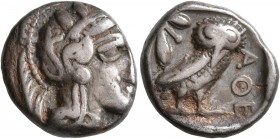ATTICA. Athens. Circa 420s-404 BC. Drachm (Silver, 15 mm, 4.25 g, 9 h). Head of Athena to right, wearing crested Attic helmet decorated with three oli...