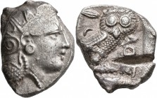 ATTICA. Athens. Circa 393-355 BC. Tetradrachm (Silver, 26 mm, 16.81 g, 8 h). Head of Athena to right, wrearing crested Attic helmet decorated with thr...