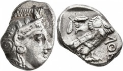 ATTICA. Athens. Circa 393-355 BC. Tetradrachm (Silver, 25 mm, 17.14 g, 7 h). Head of Athena to right, wrearing crested Attic helmet decorated with thr...