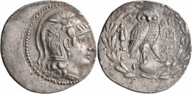 ATTICA. Athens. Circa 165-42 BC. Tetradrachm (Silver, 33 mm, 16.85 g, 1 h), circa 165-150/49. Head of Athena Parthenos to right, wearing triple-creste...