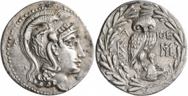 ATTICA. Athens. Circa 165-42 BC. Tetradrachm (Silver, 32 mm, 16.80 g, 1 h), circa 165-150/49. Head of Athena Parthenos to right, wearing triple-creste...