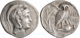 ATTICA. Athens. Circa 165-42 BC. Tetradrachm (Silver, 32 mm, 16.89 g, 12 h), Polykles and Timarchides, magistrates, 149/8. Head of Athena Parthenos to...
