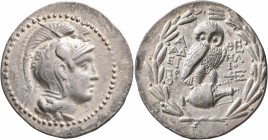 ATTICA. Athens. Circa 165-42 BC. Tetradrachm (Silver, 35 mm, 16.85 g, 12 h), 147/6. Head of Athena Parthenos to right, wearing triple-crested Attic he...