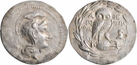 ATTICA. Athens. Circa 165-42 BC. Tetradrachm (Silver, 36 mm, 16.94 g, 1 h), Pado... and Lysia..., magistrates, 145/4. Head of Athena Parthenos to righ...