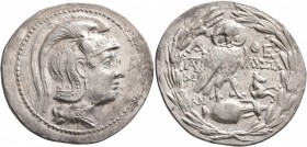 ATTICA. Athens. Circa 165-42 BC. Tetradrachm (Silver, 36 mm, 17.07 g, 12 h), Pado... and Lysia..., magistrates, 145/4. Head of Athena Parthenos to rig...