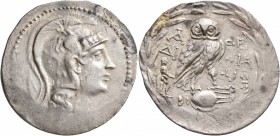 ATTICA. Athens. Circa 165-42 BC. Tetradrachm (Silver, 37 mm, 17.00 g, 1 h), 144/3. Head of Athena Parthenos to right, wearing triple-crested Attic hel...