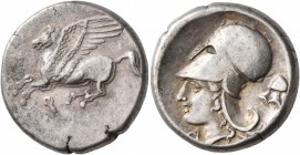 CORINTHIA. Corinth. Circa 375-300 BC. Stater (Silver, 21 mm, 8.63 g, 8 h). Ϙ Pegasus flying left. Rev. Head of Athena to left, wearing Corinthian helm...